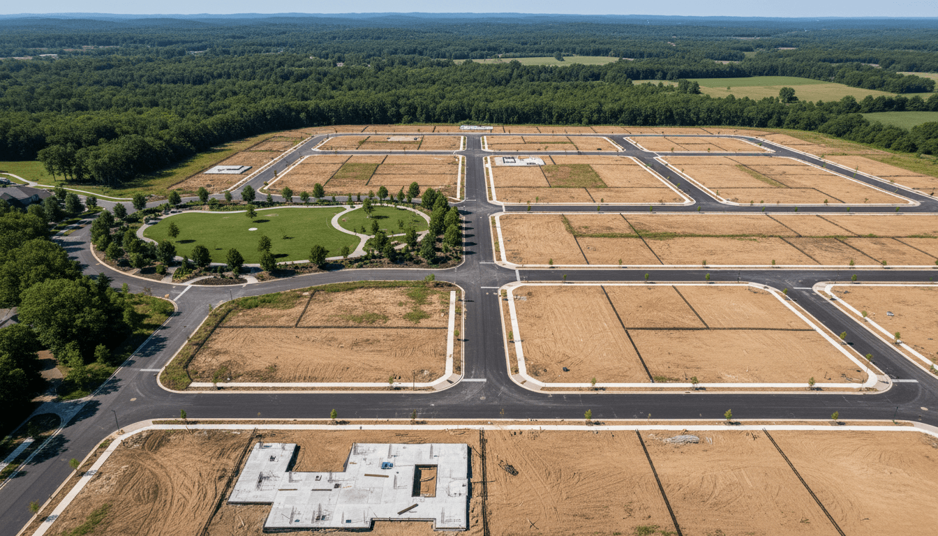 Aerial view of planned residential development showing organized land parcels, paved roads, and mixed construction phases Aerial view of planned residential development showing organized land parcels, paved roads, and mixed construction phases
